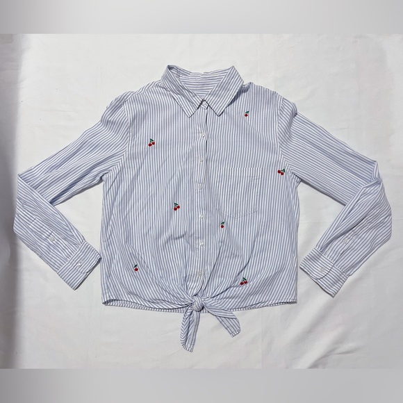 Sundry Cherry Striped Tie-Hem Shirt - Picture 3 of 11